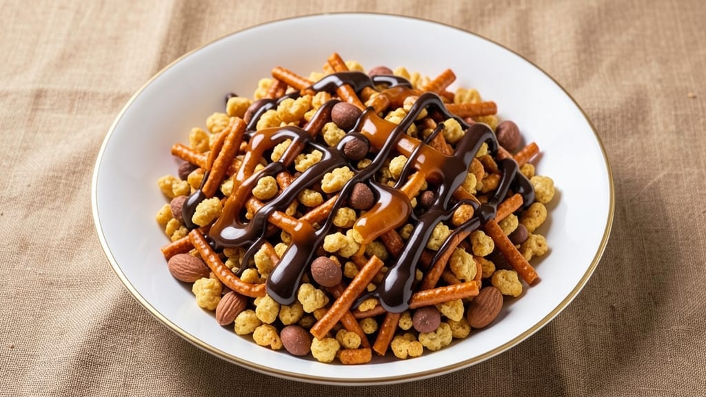 Chex Mix Caramel Chocolate Drizzle Recipe: Sweet-Salty Crunch With Gooey Rivers