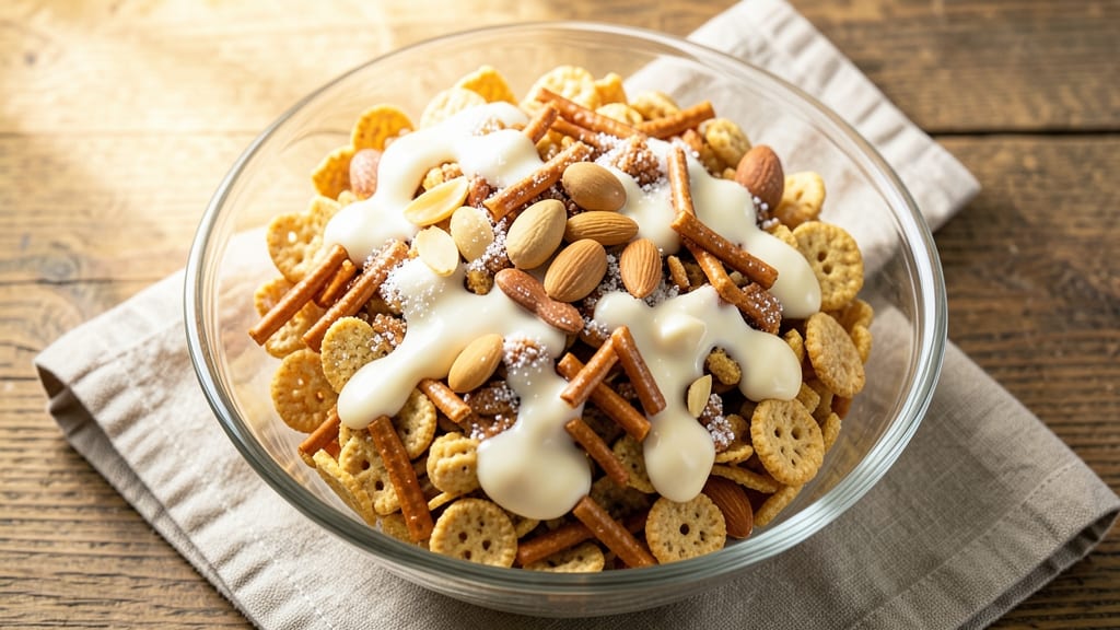 Chex Party Mix With White Chocolate Recipe: Crunchy Snack With Sweet Melty Rivers